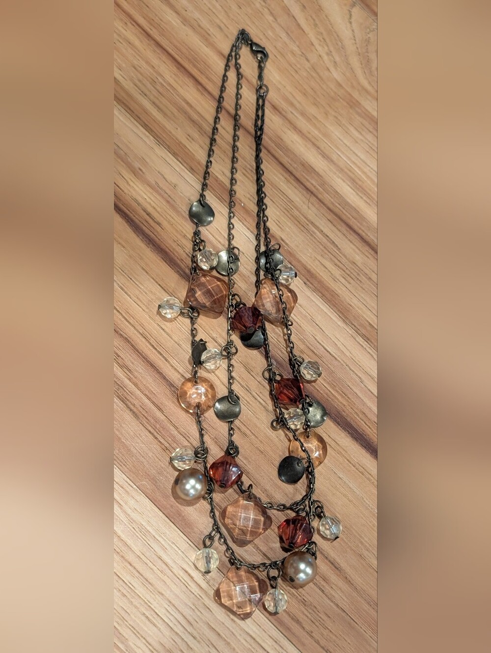 Source Unknown Layered Glass & Pearl Accent Necklace - Amber, Brown & Clear